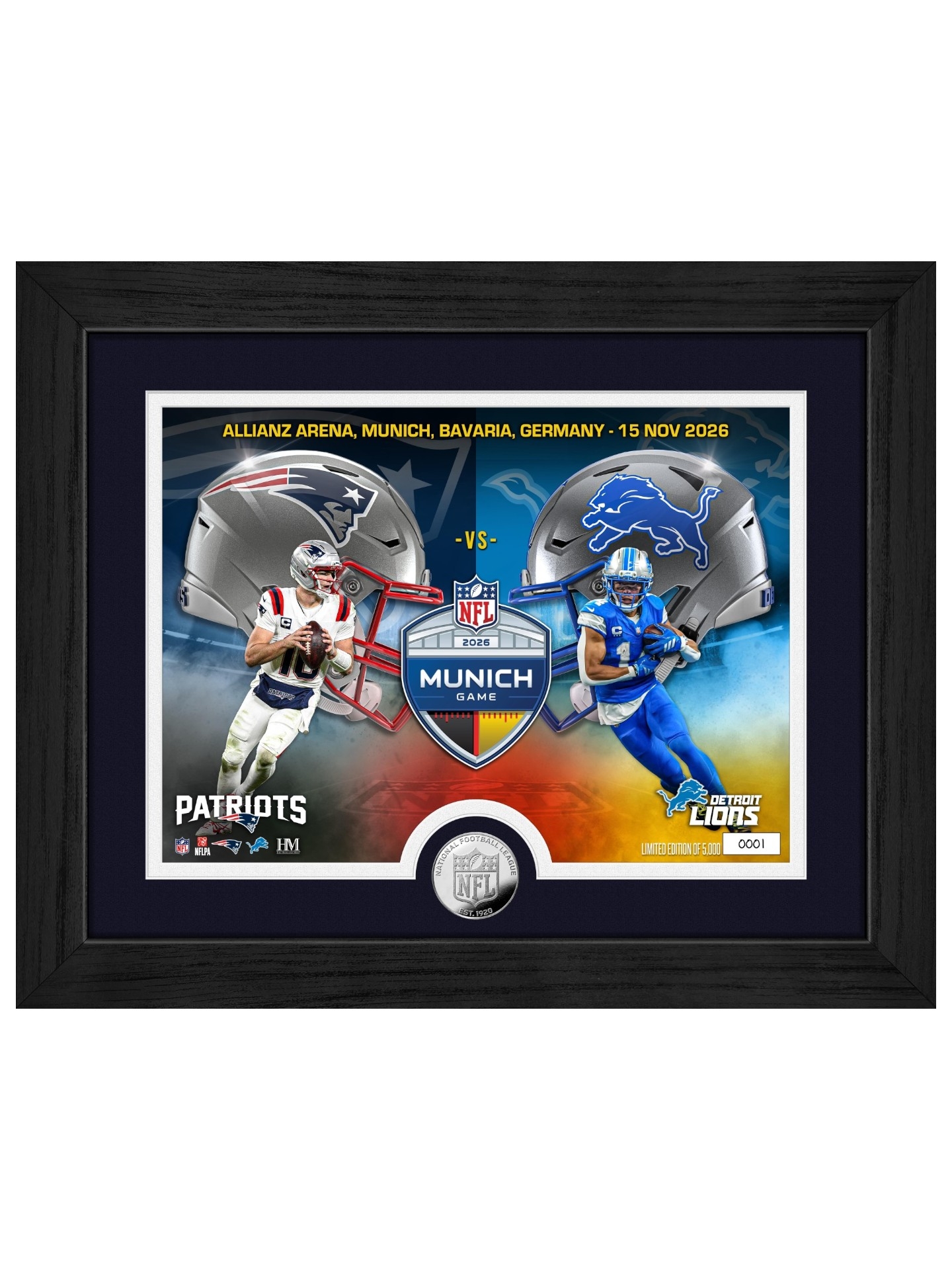 2026 NFL Munich Game Patriots vs. Lions Silver Coin Gerahmtes NFL Bild
