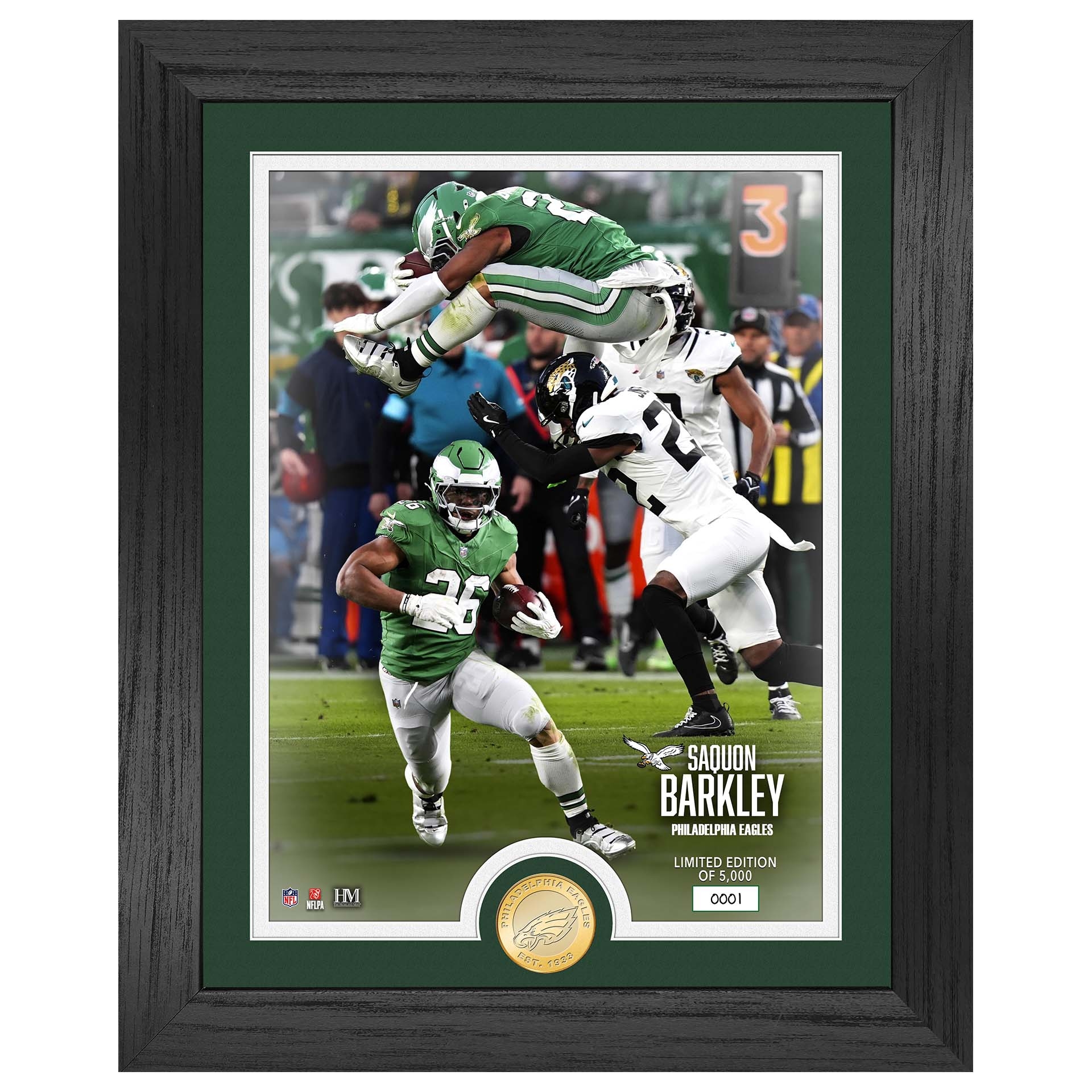 Saquon Barkley Philadelphia Eagles LEAP Bronze Coin Framed NFL Photo