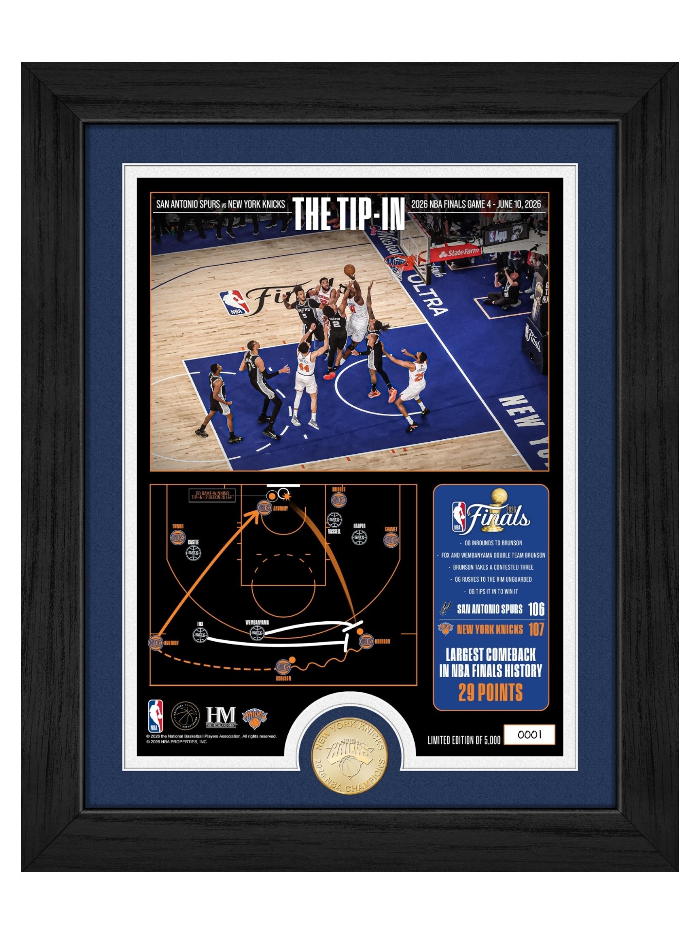 New York Knicks 2026 NBA Finals Game 4 OG Tip-In Bronze Coin Gerahmtes Bild