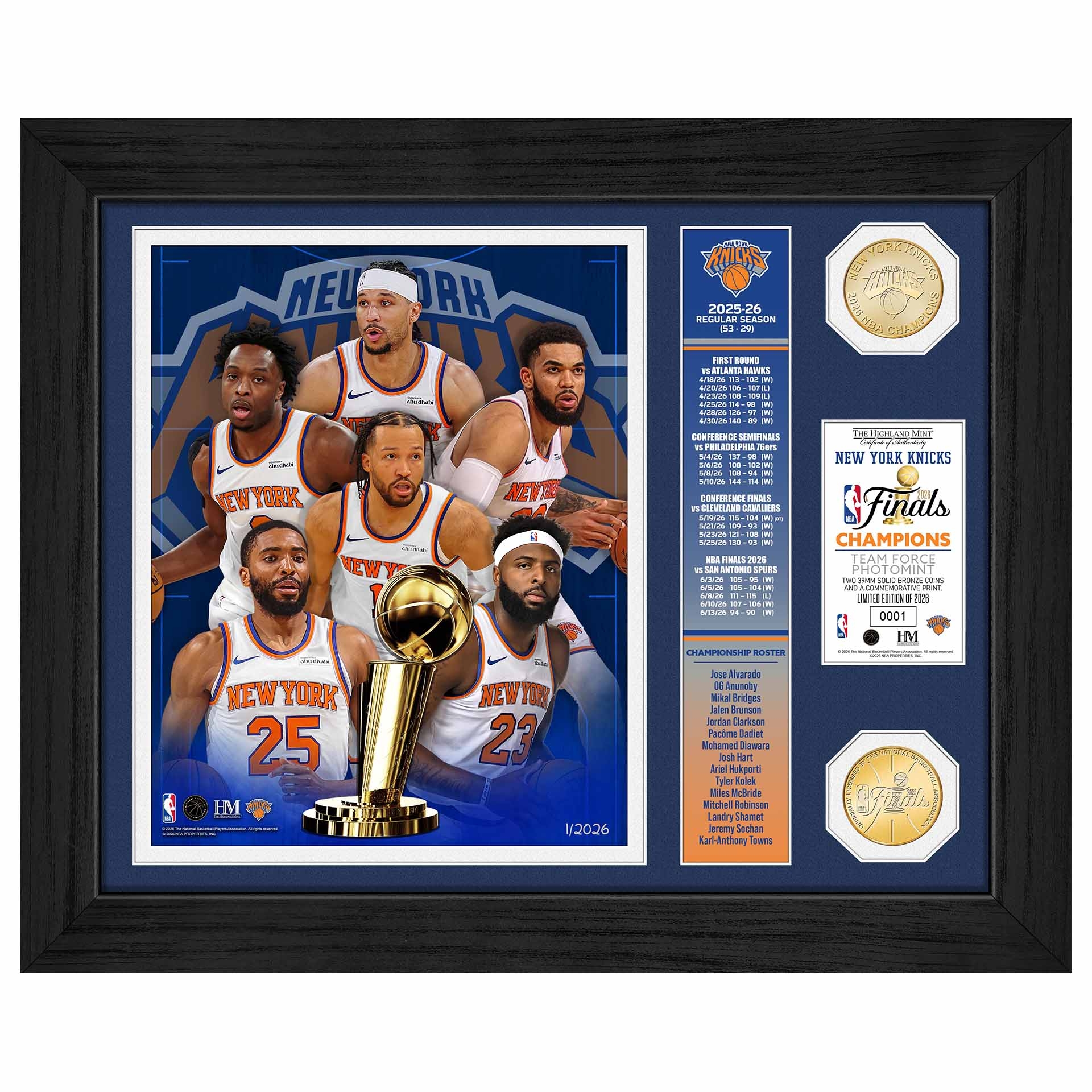 New York Knicks 2026 NBA Champions Banner Bronze Coins Framed Photo