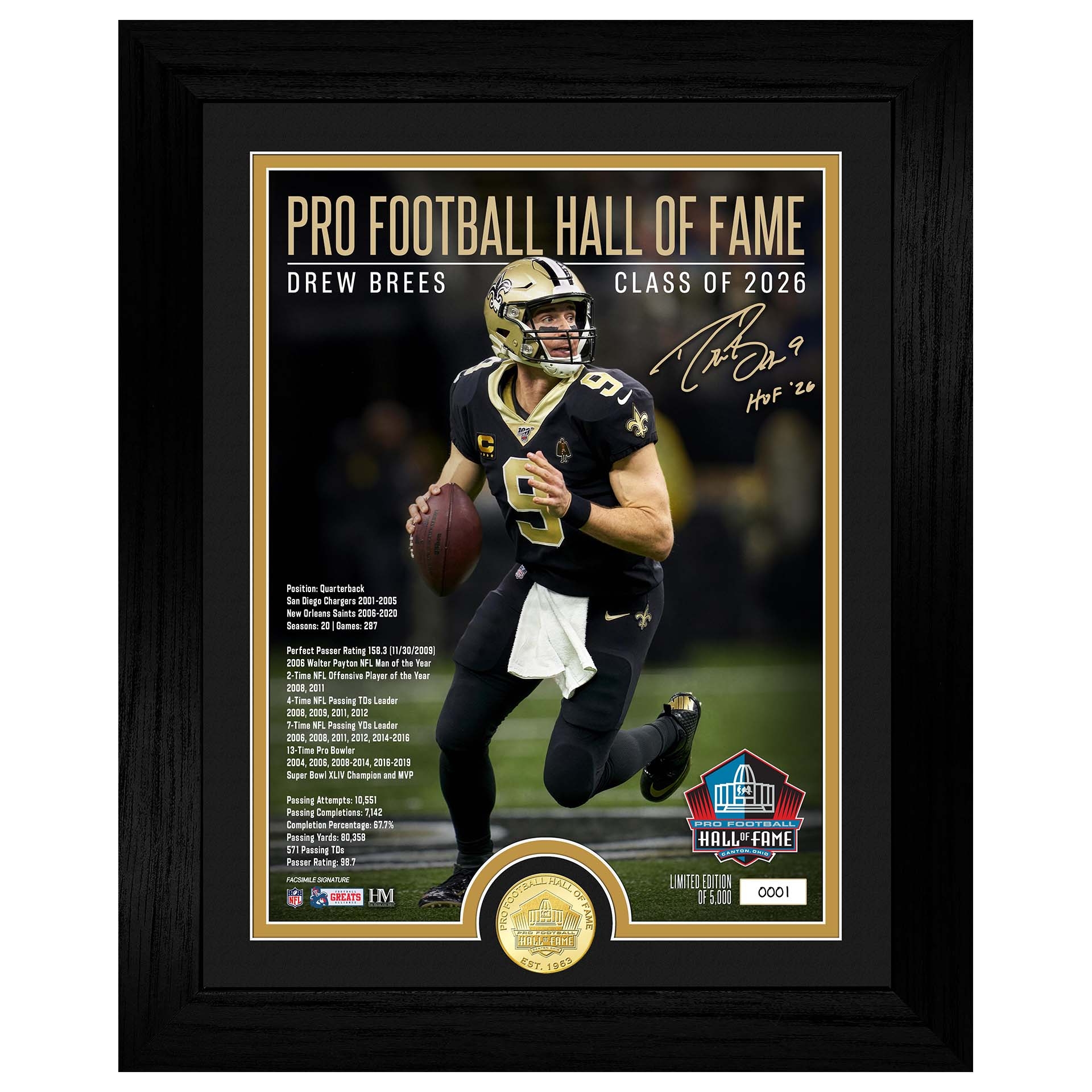 Drew Brees New Orleans Saints Hall of Fame Bronze Coin Gerahmtes NFL Bild