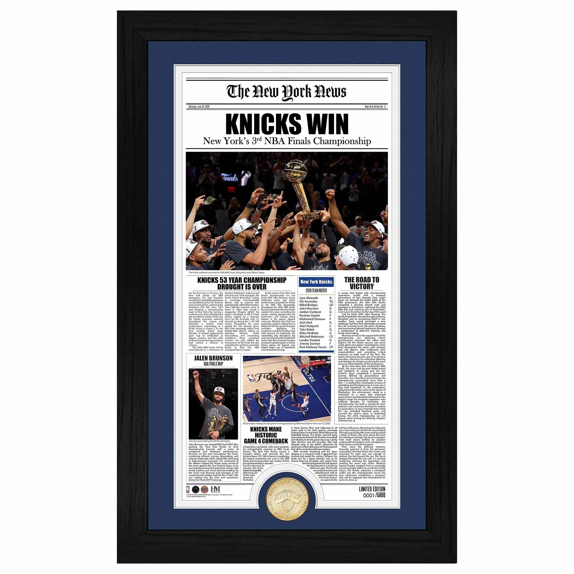 New York Knicks 2026 NBA Champions Bronze Coin Framed Newspaper Photo