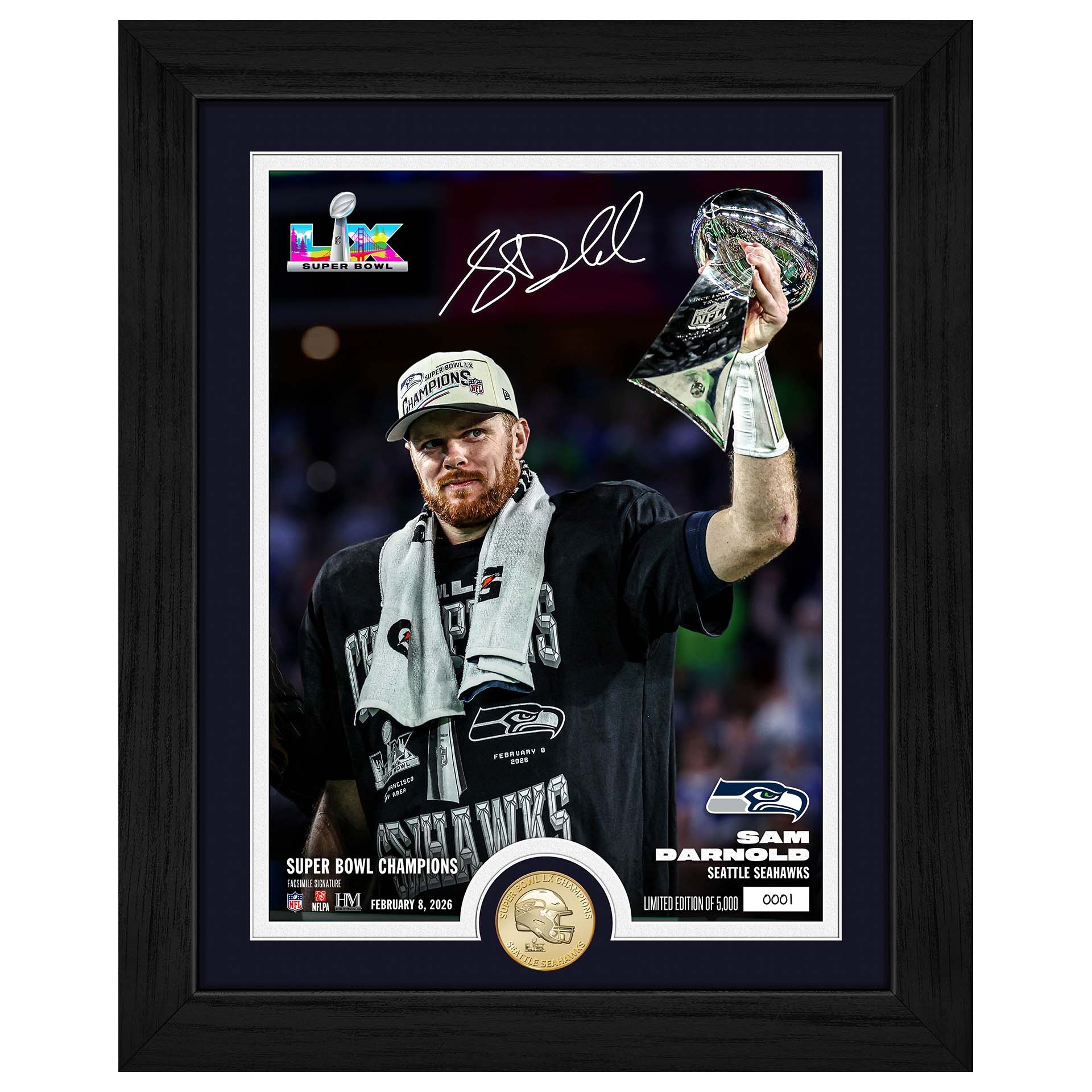 Sam Darnold Super Bowl LX Champion Trophy Bronze Coin Gerahmtes Bild