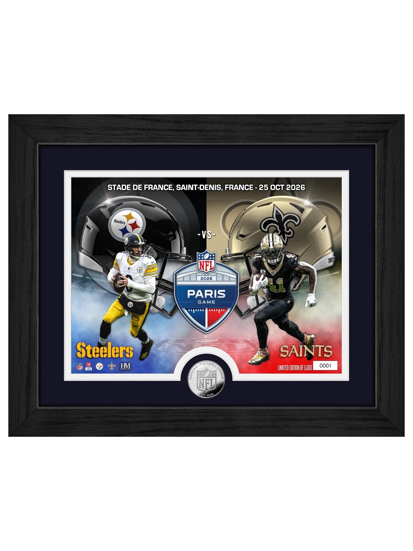 2026 NFL Paris Game Steelers vs Saints Silver Coin Gerahmtes NFL Bild