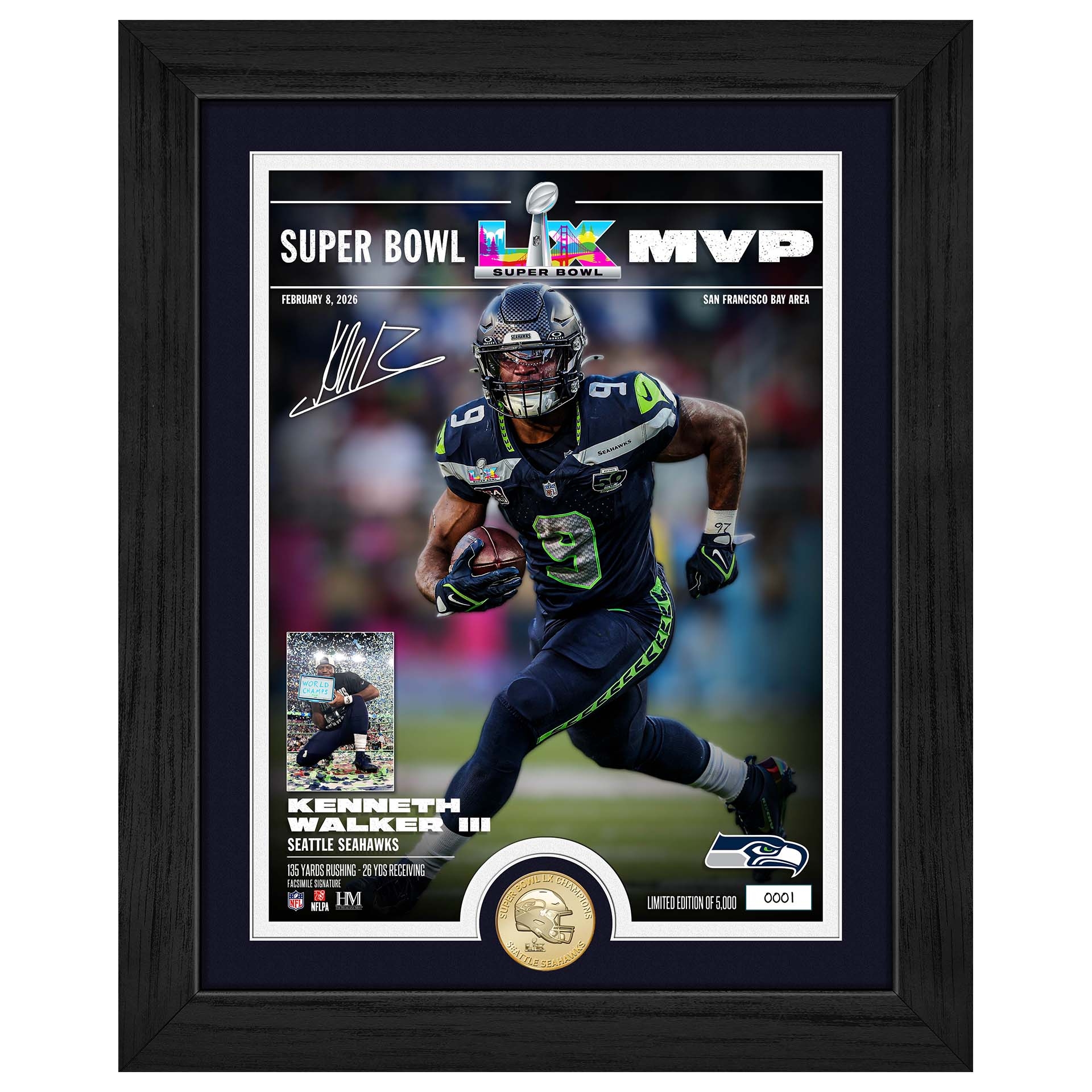 Kenneth Walker III Super Bowl LX MVP Bronze Coin Gerahmtes NFL Bild
