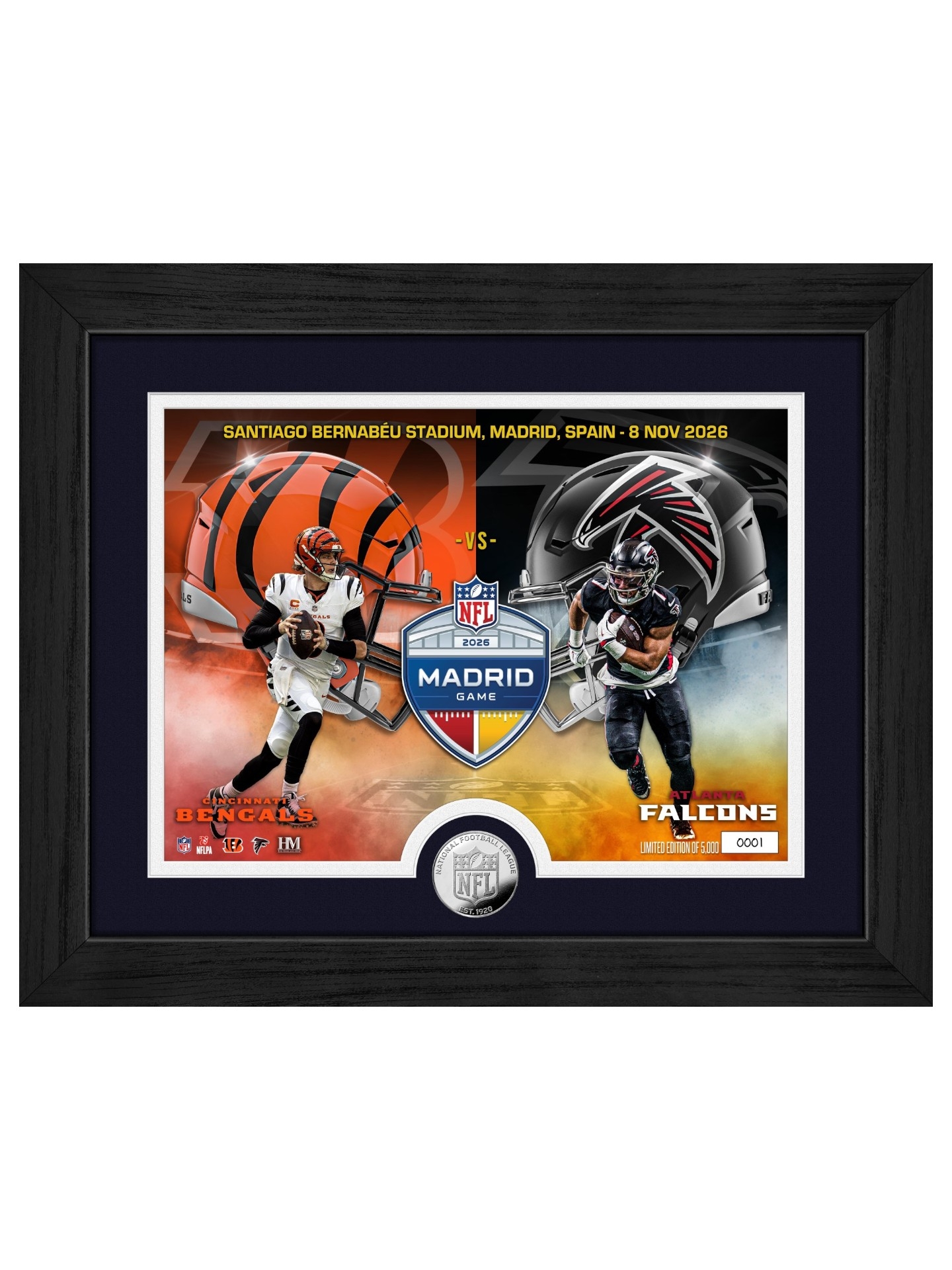 2026 NFL Madrid Game Bengals vs Falcons Silver Coin Gerahmtes NFL Bild