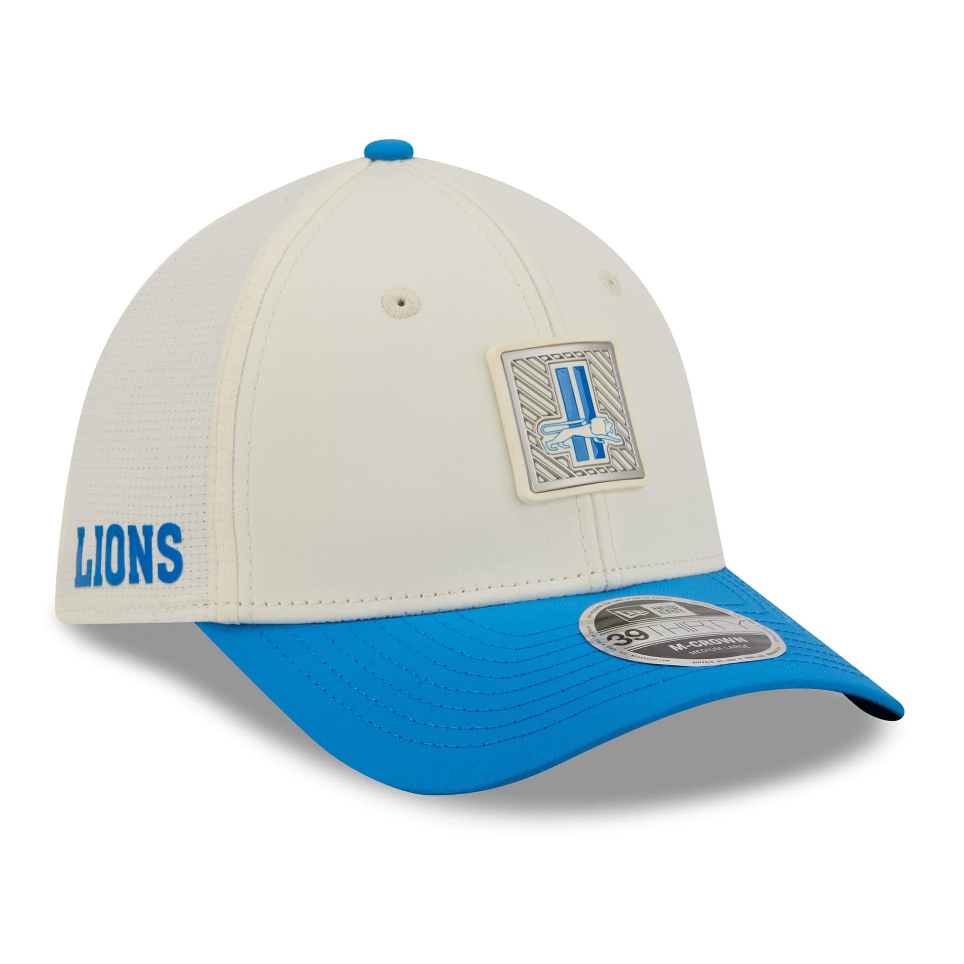 Detroit Lions Historic Logo 2026 NFL Training Camp 39THIRTY Flex Cap Cream/Blau