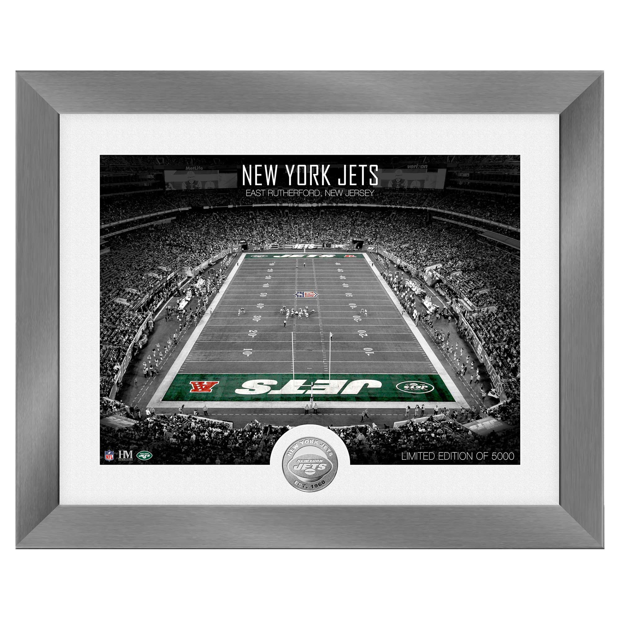 New York Jets Art Deco Stadium Silver Coin Gerahmtes NFL Bild