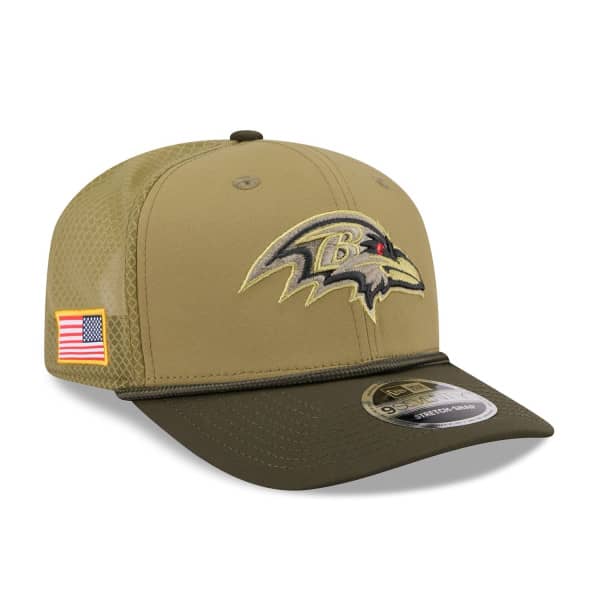 Baltimore Ravens 2025 NFL Salute to Service New Era 9SEVENTY Trucker Snapback Cap Olive
