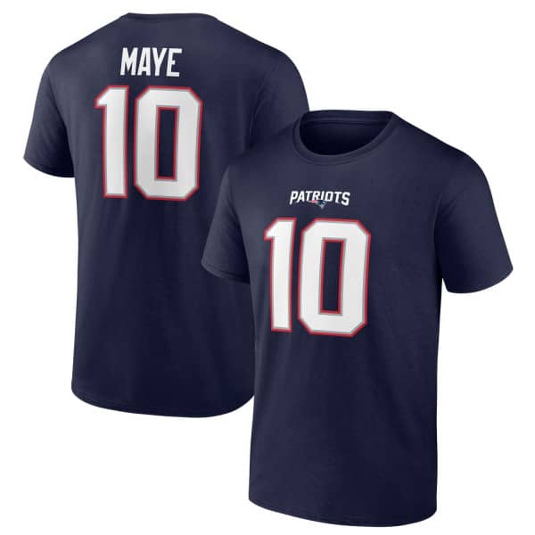 Drake Maye #10 New England Patriots Player NFL T-Shirt Navy
