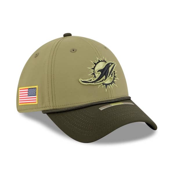 Miami Dolphins 2025 NFL Salute to Service New Era 39THIRTY Flex Cap Olive