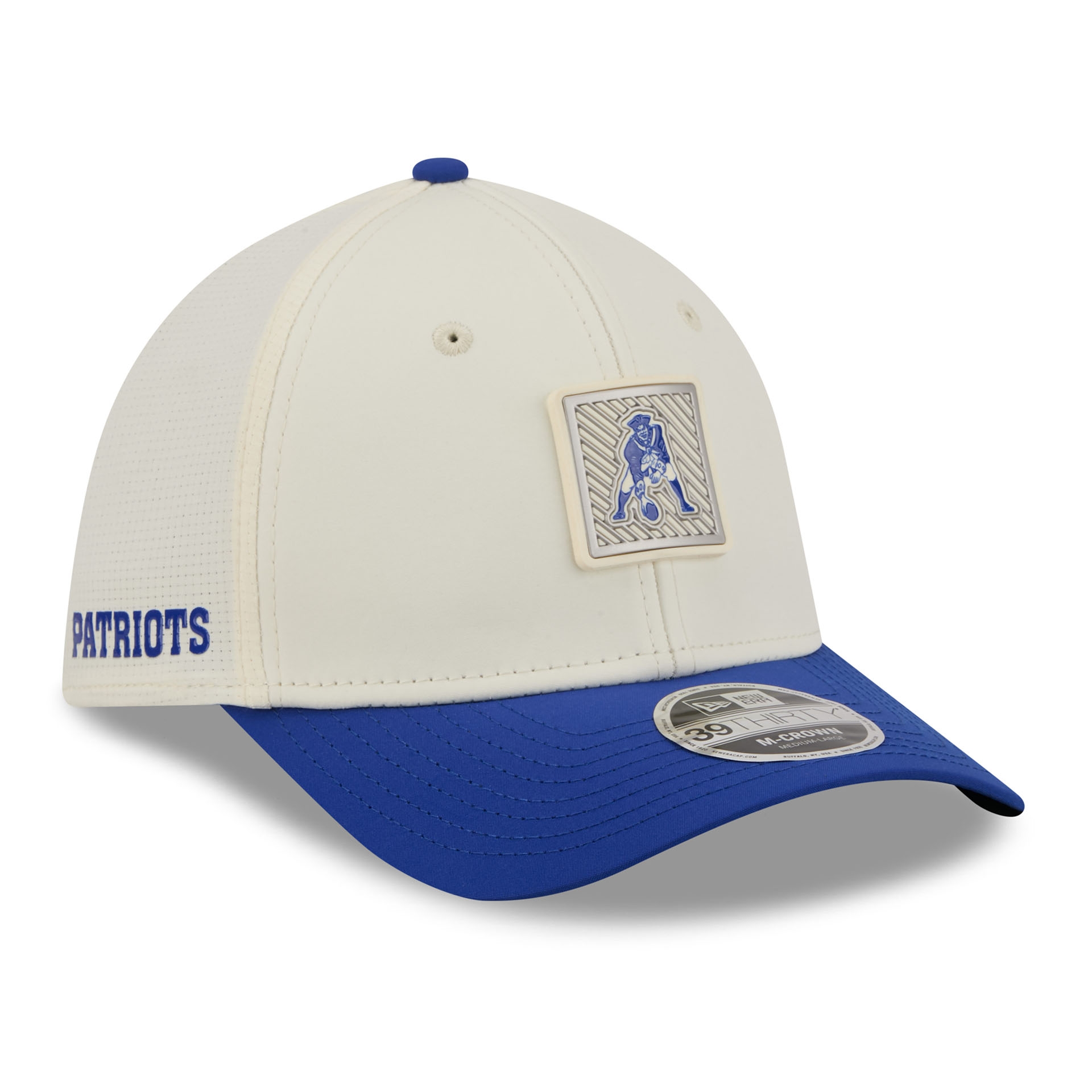 New England Patriots Historic Logo 2026 NFL Training Camp 39THIRTY Flex Cap Cream/Blau
