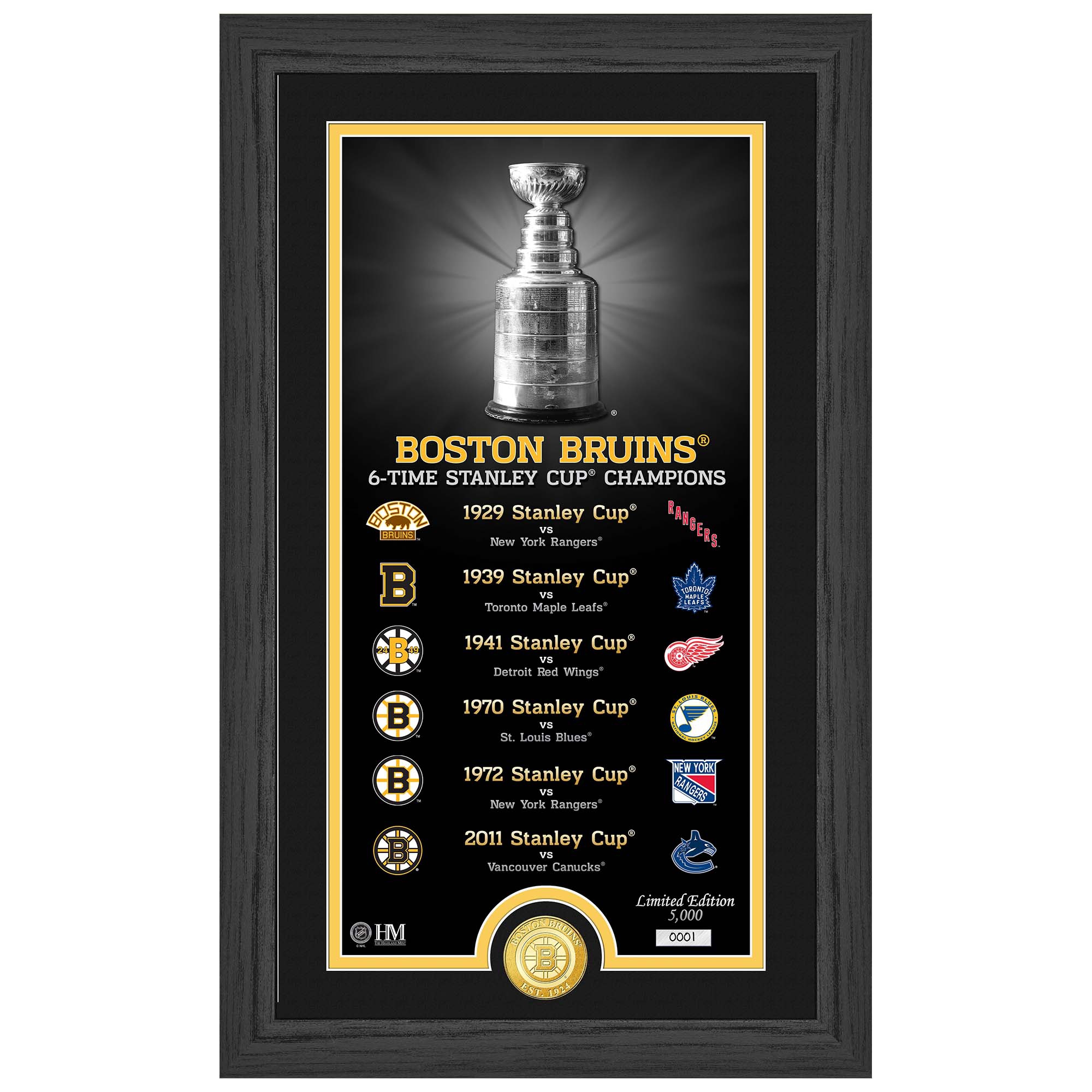 Boston Bruins Stanley Cup Legacy Bronze Coin Framed NHL Photo