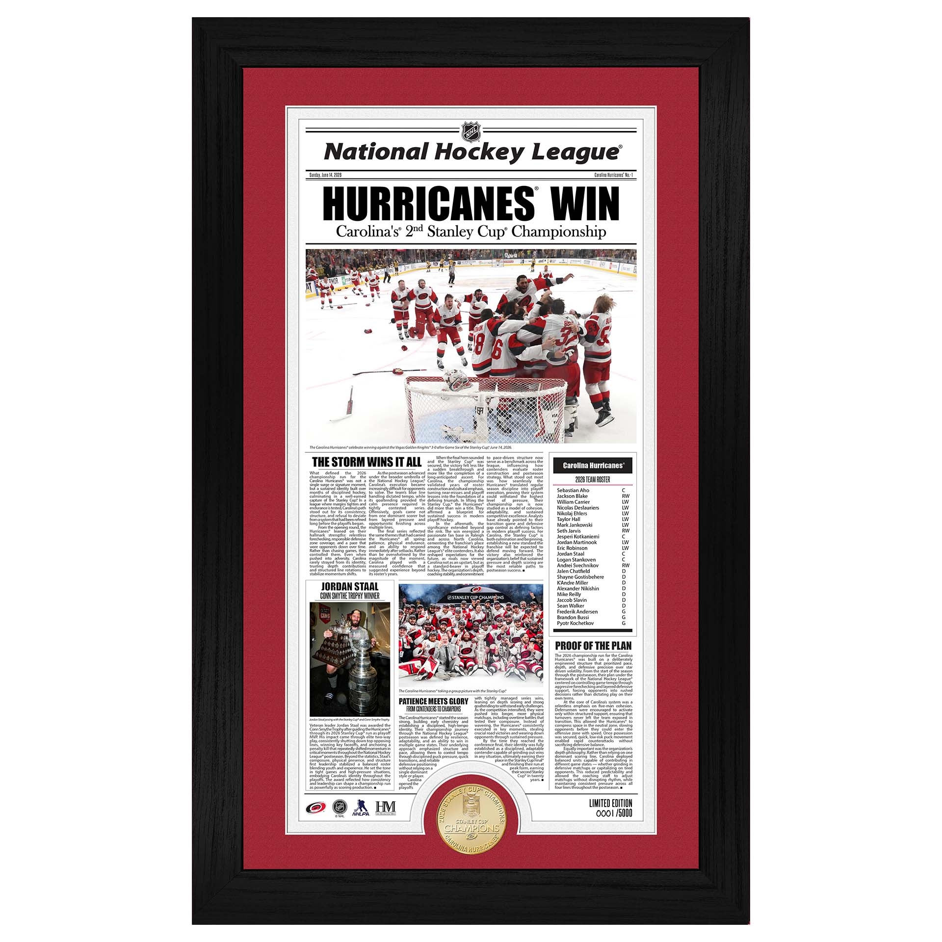 Carolina Hurricanes 2026 Stanley Cup Champions Bronze Coin Gerahmtes Newspaper Bild