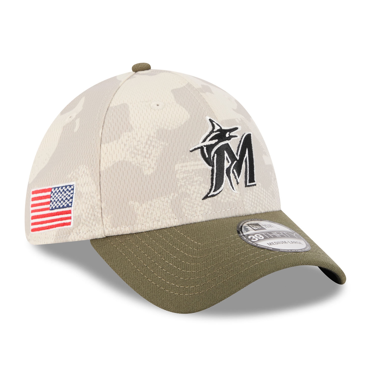 Miami Marlins 2025 MLB Armed Forces New Era 39THIRTY Flex Cap