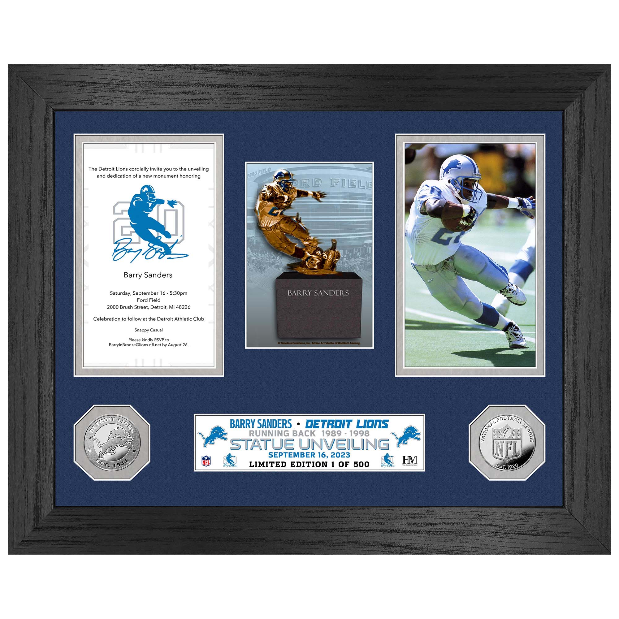 Barry Sanders Statue Unveiling Silver Coin Gerahmtes NFL Bild