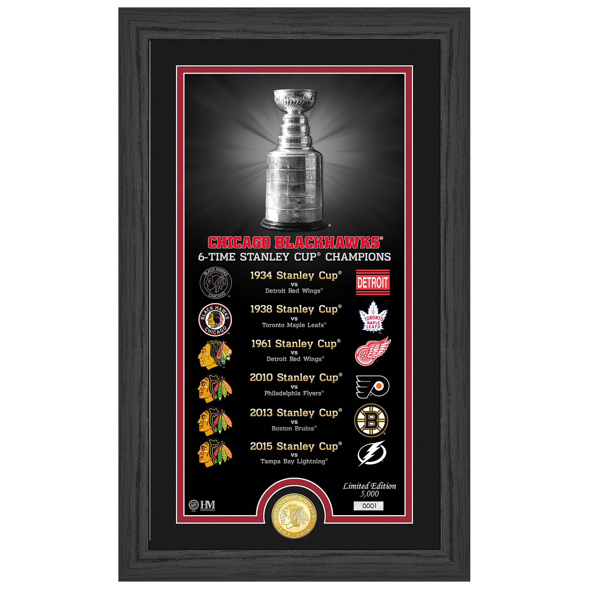Chicago Blackhawks Stanley Cup Legacy Bronze Coin Gerahmtes NHL Bild