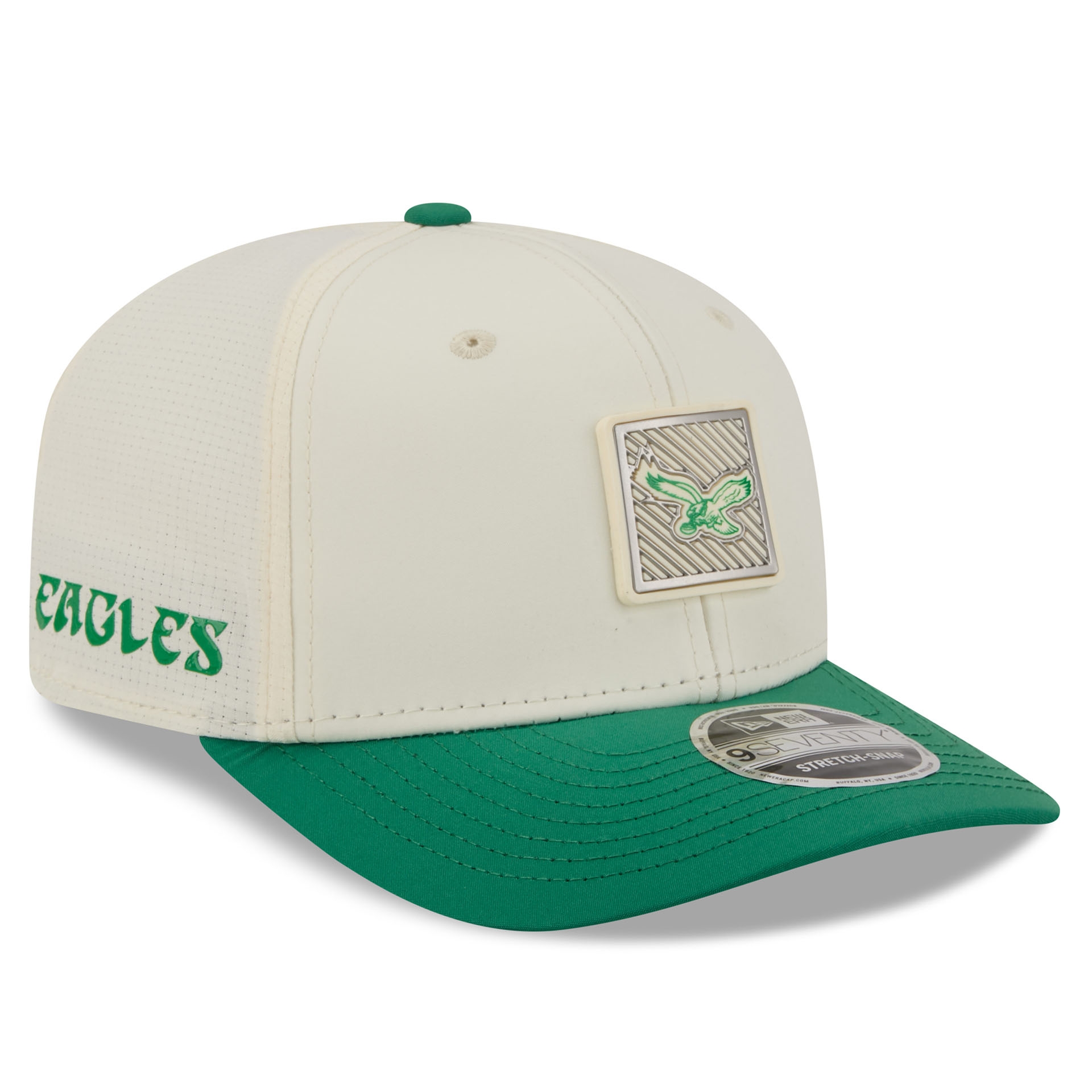 Philadelphia Eagles 2026 NFL Training Camp Historic Logo 9SEVENTY Stretch-Snap Cap Cream/Green