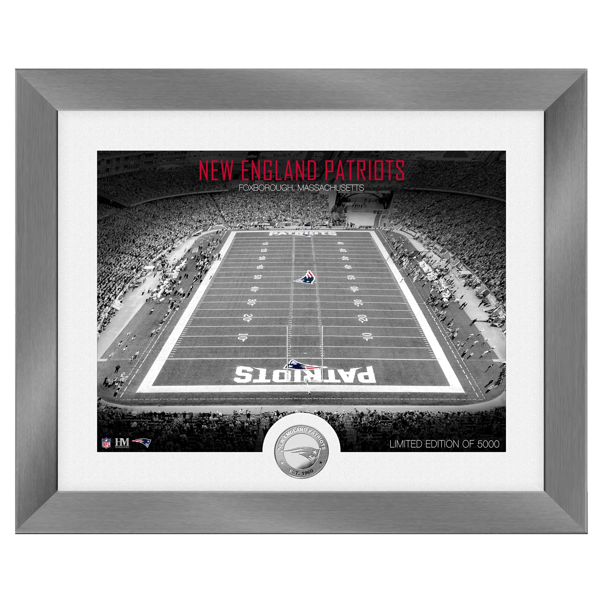 New England Patriots Art Deco Stadium Silver Coin Gerahmtes NFL Bild