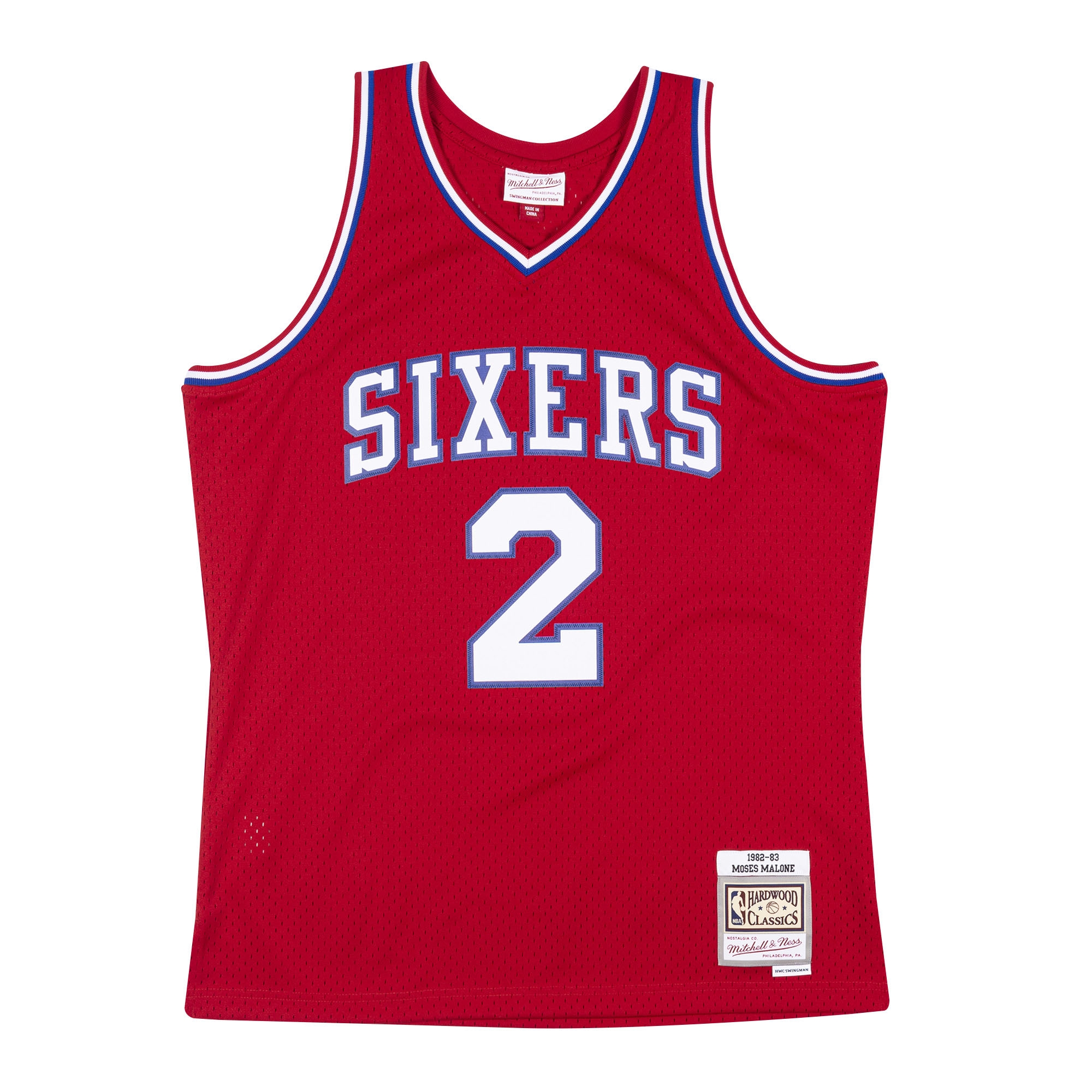 Moses Malone #2 Philadelphia 76ers 1982-83 Mitchell & Ness Swingman NBA Trikot Rot