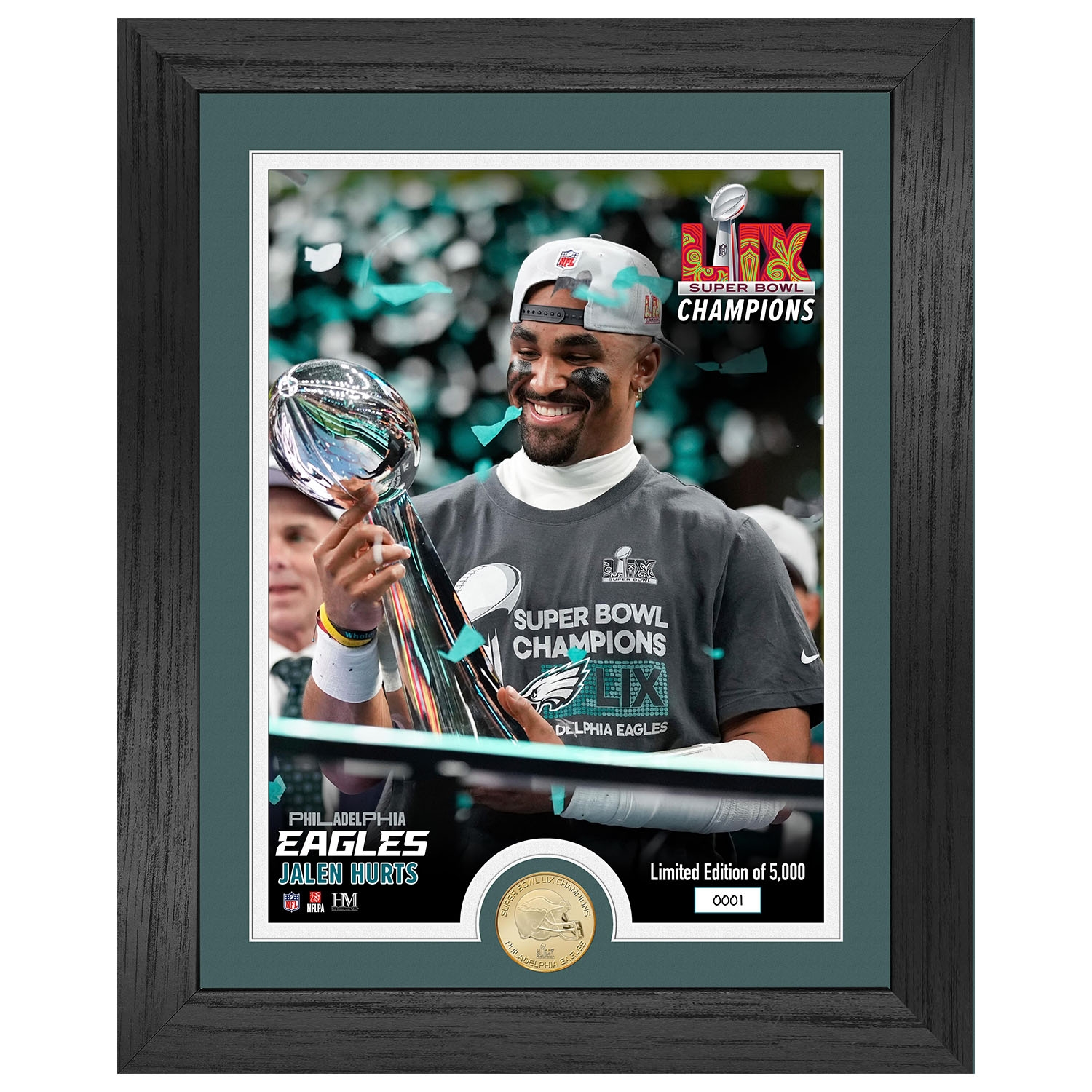 Jalen Hurts Super Bowl LIX Lombardi Trophy Bronze Coin Gerahmtes NFL Bild