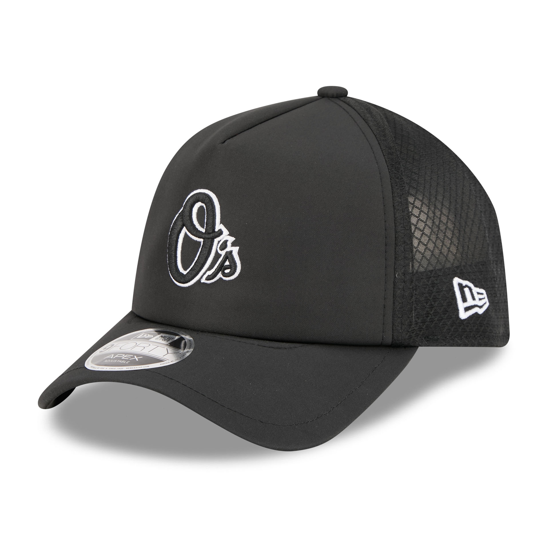 Baltimore Orioles 2026 MLB Batting Practice 9FORTY APEX Trucker Cap Schwarz