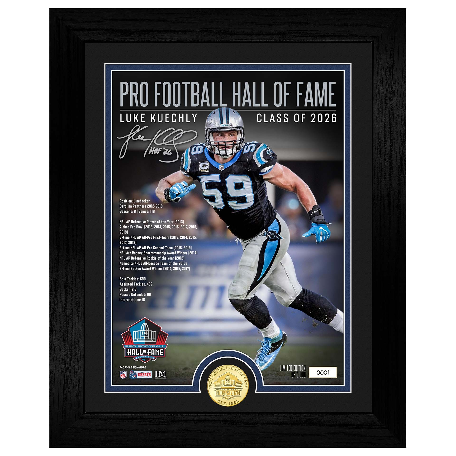 Luke Kuechly Carolina Panthers Hall of Fame Bronze Coin Gerahmtes NFL Bild
