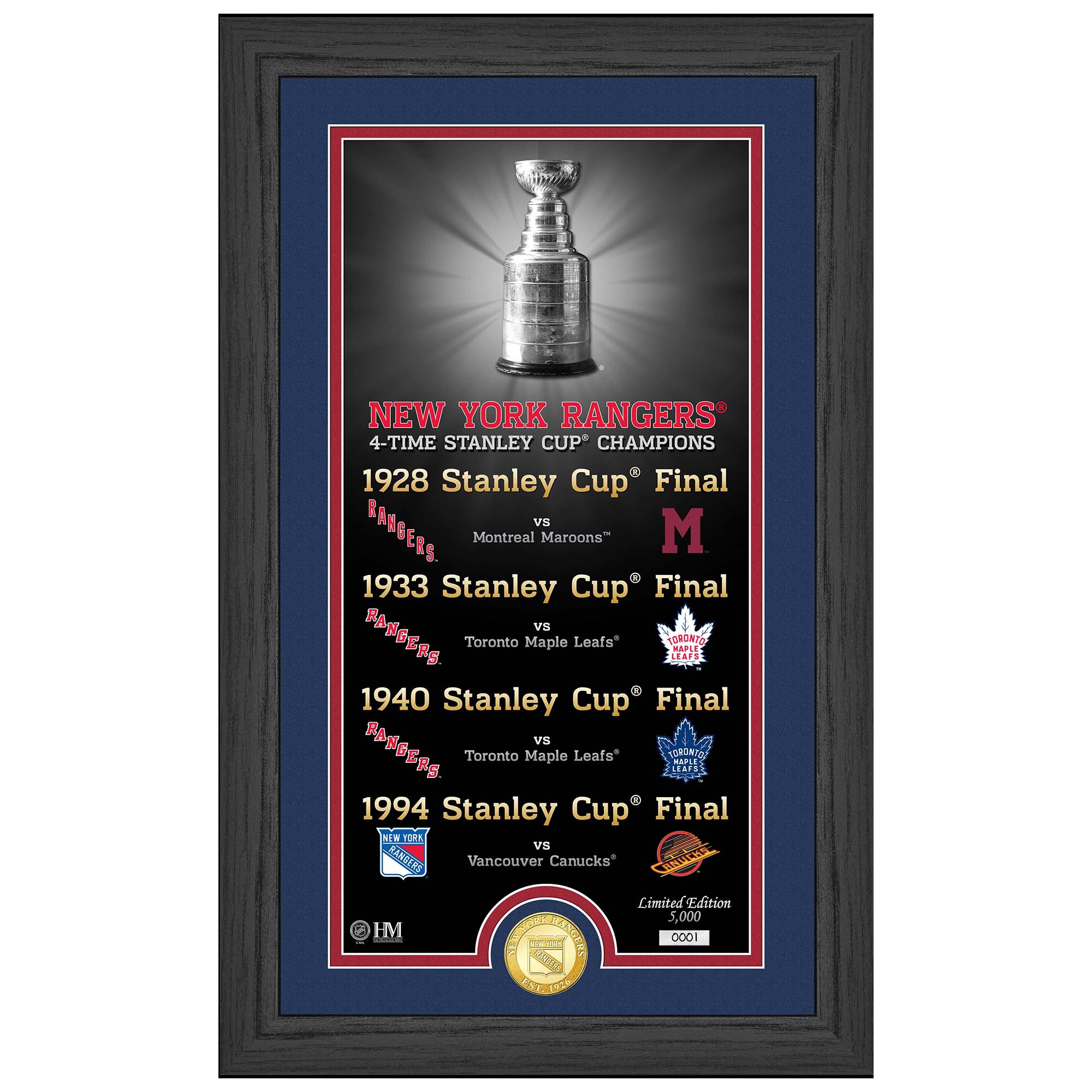 New York Rangers Stanley Cup Legacy Bronze Coin Gerahmtes NHL Bild