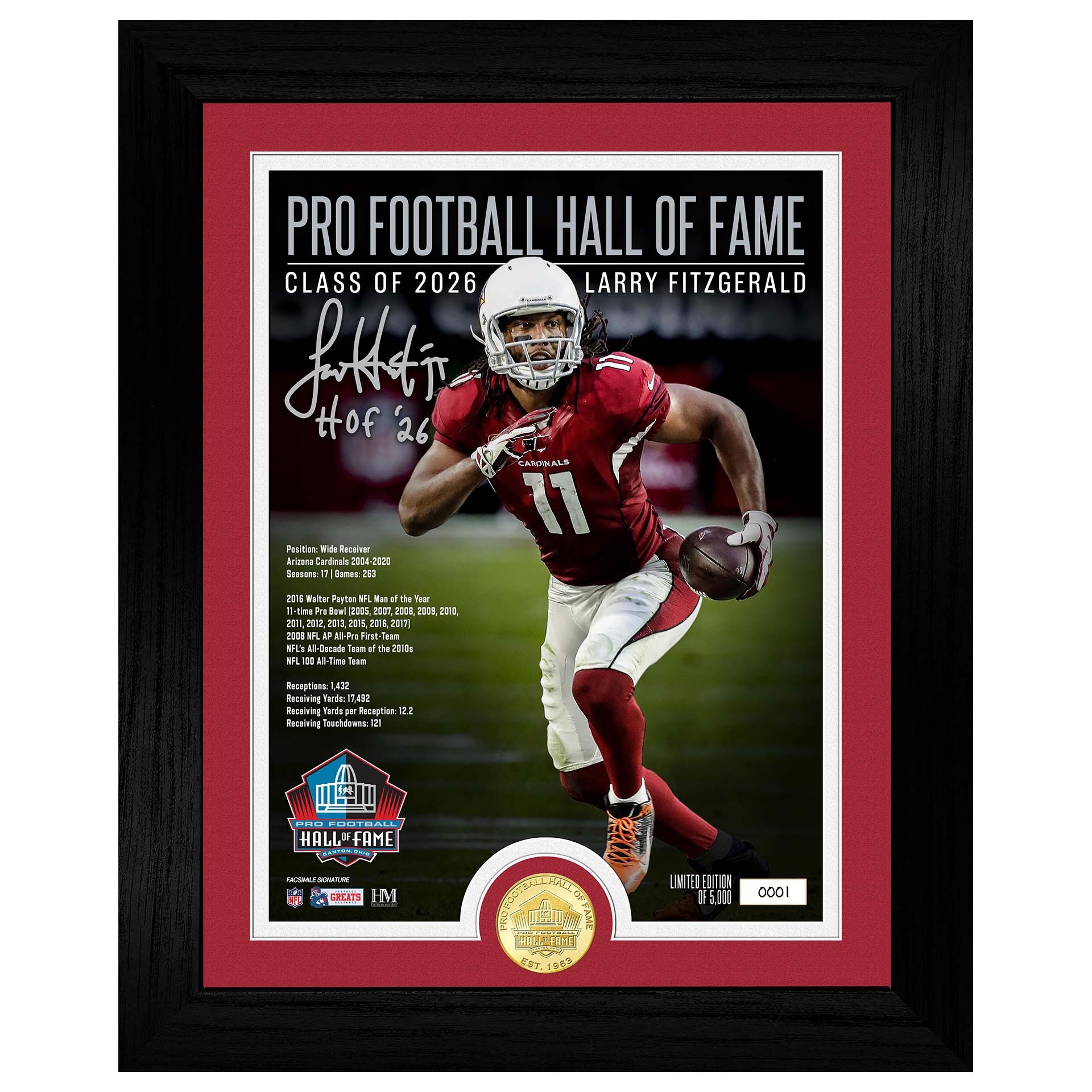 Larry Fitzgerald Arizona Cardinals Hall of Fame Bronze Coin Gerahmtes NFL Bild