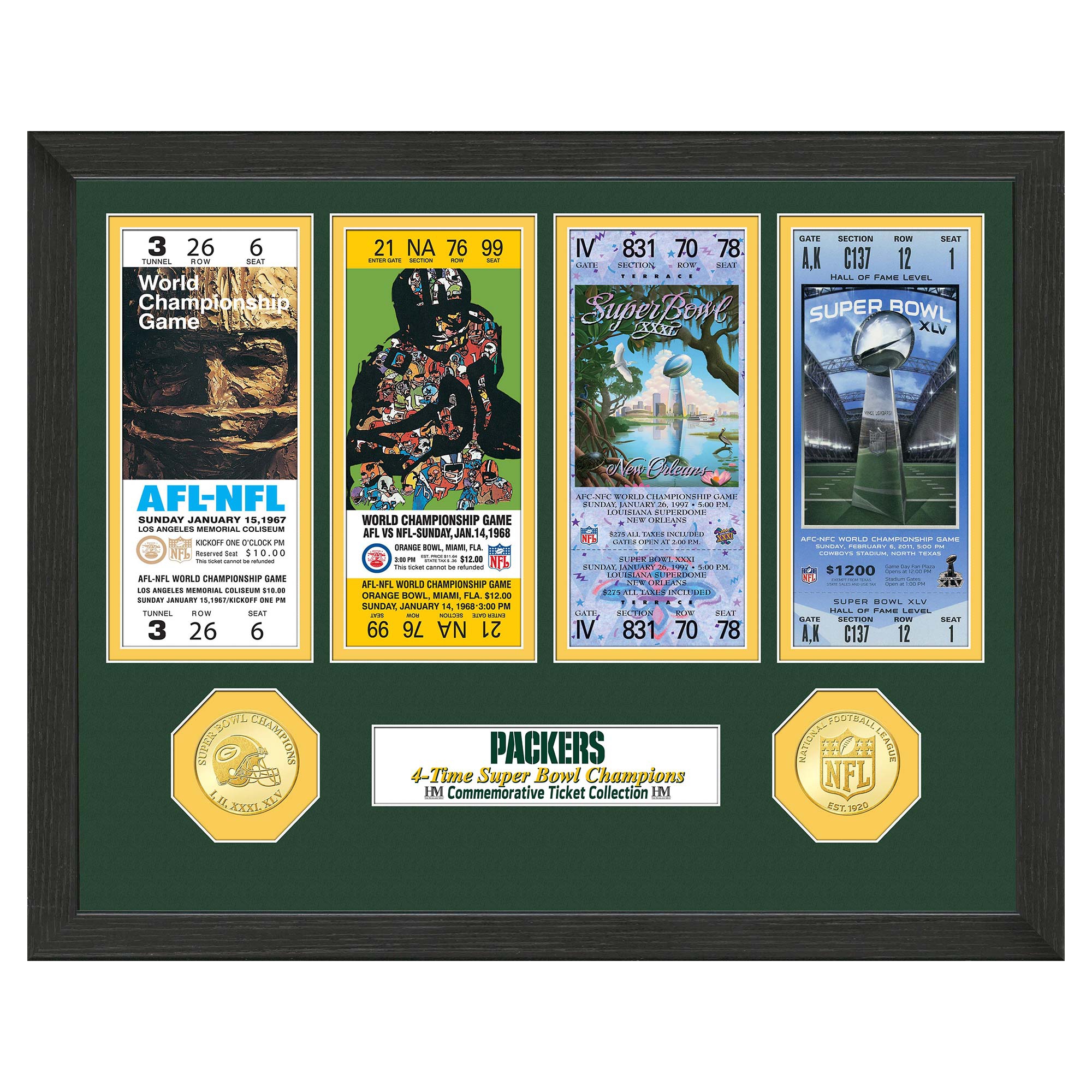 Green Bay Packers Super Bowl Tickets Bronze Coins Gerahmtes NFL Bild