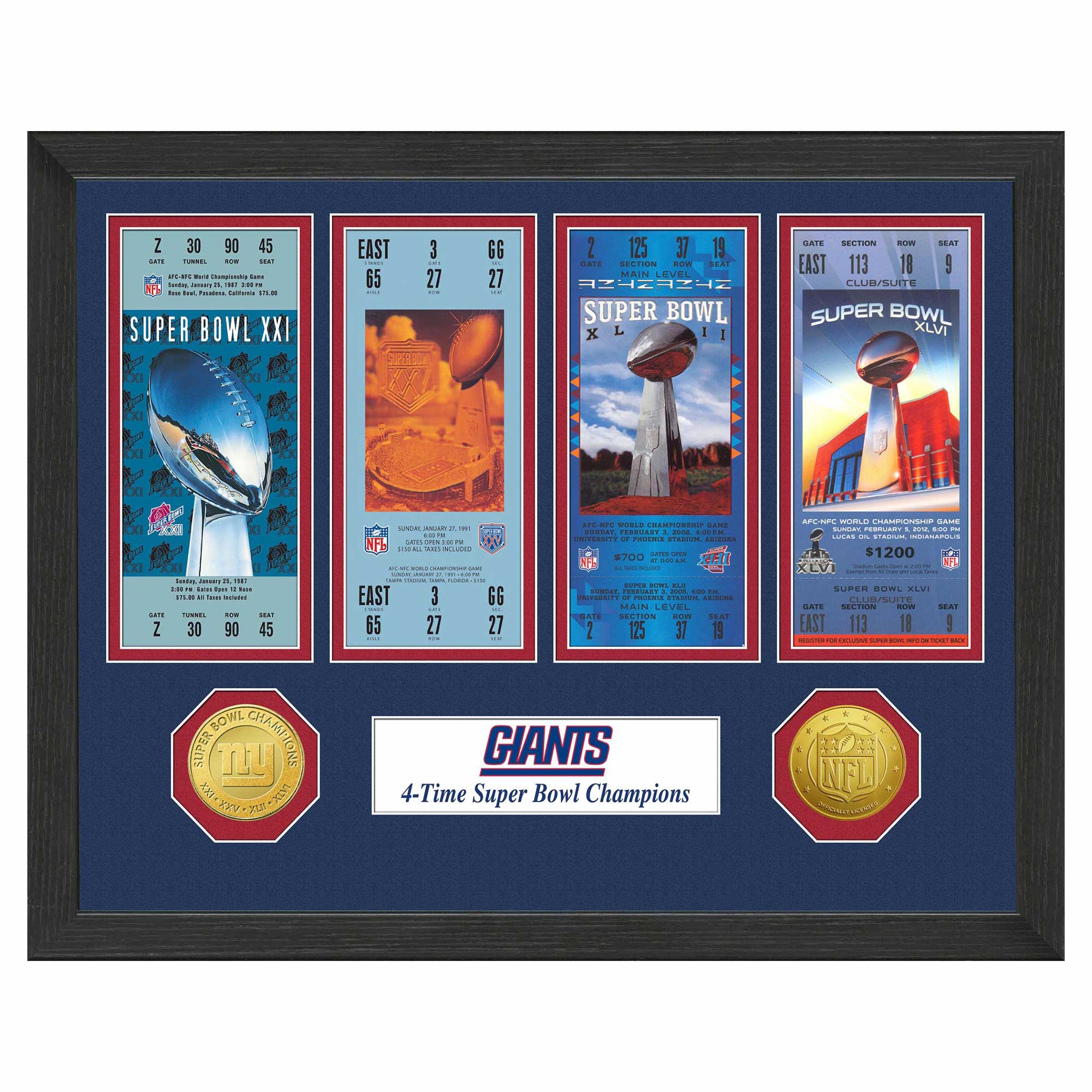 New York Giants Super Bowl Tickets Bronze Coins Gerahmtes NFL Bild