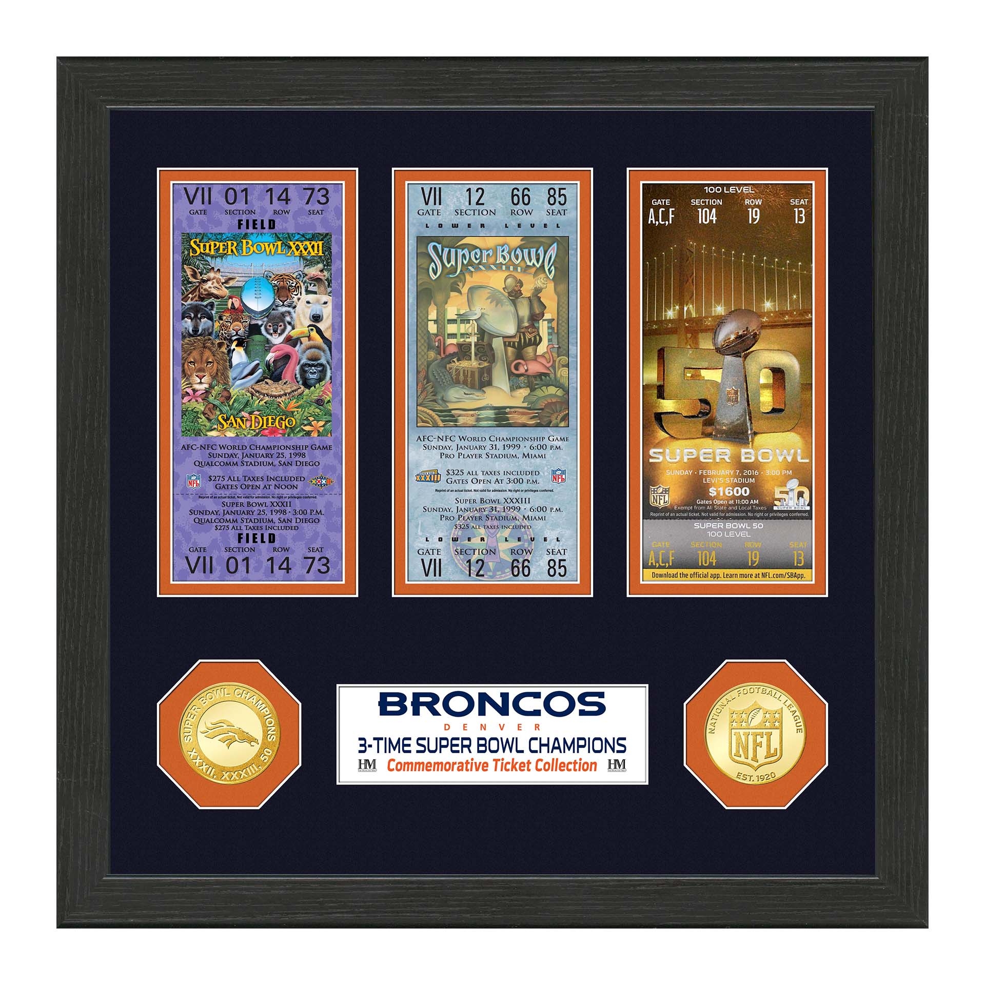 Denver Broncos 3-Time Super Bowl Champions Tickets Bronze Coins Gerahmtes NFL Bild