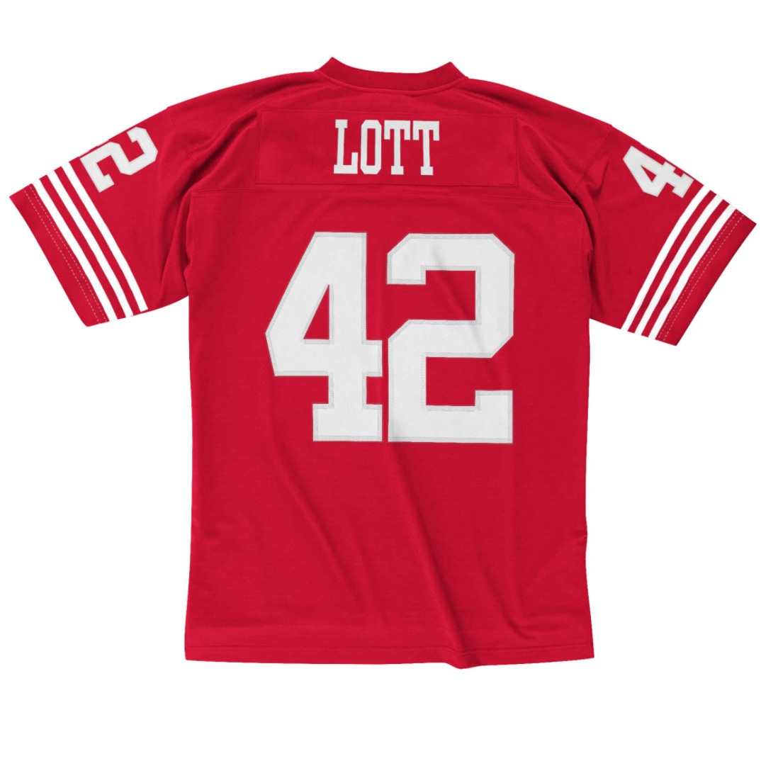 希少 NFL SF 49ers ロニー ロット ゲームシャツ 白 刺繍 Mitchell & Ness Ronnie Lott #42 San Francisco 49ers Legacy