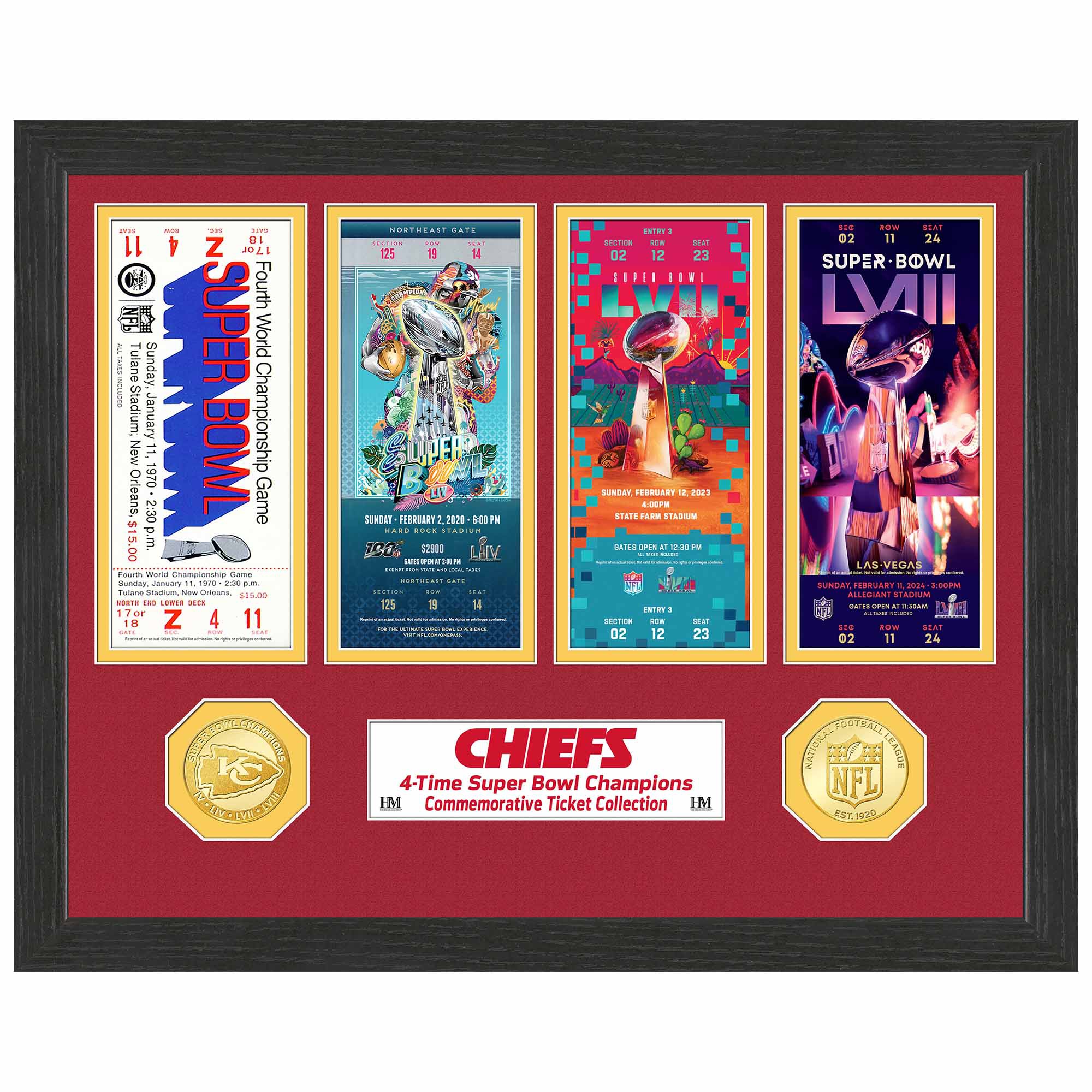 Kansas City Chiefs 4-Time Champion Super Bowl Tickets Bronze Coins Gerahmtes NFL Bild