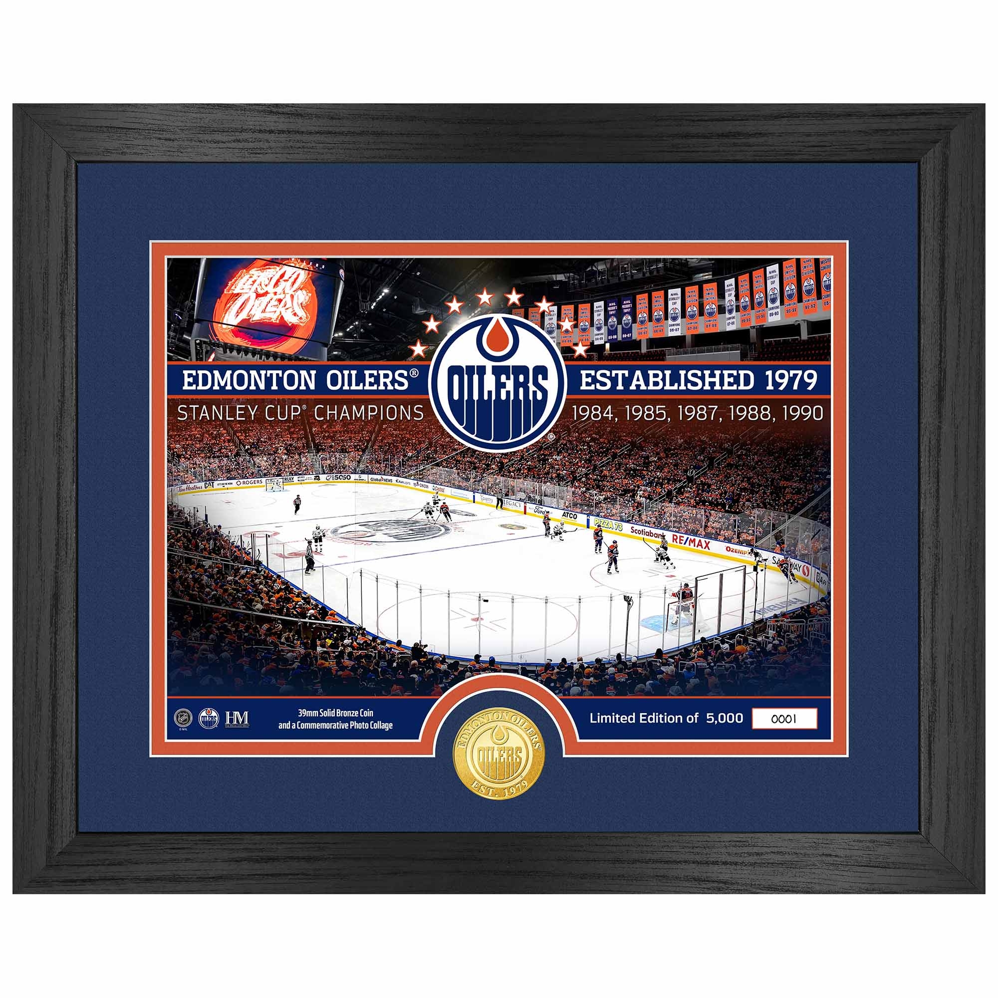Edmonton Oilers 5-Time Stanley Cup Champions Bronze Coin Framed NHL Photo