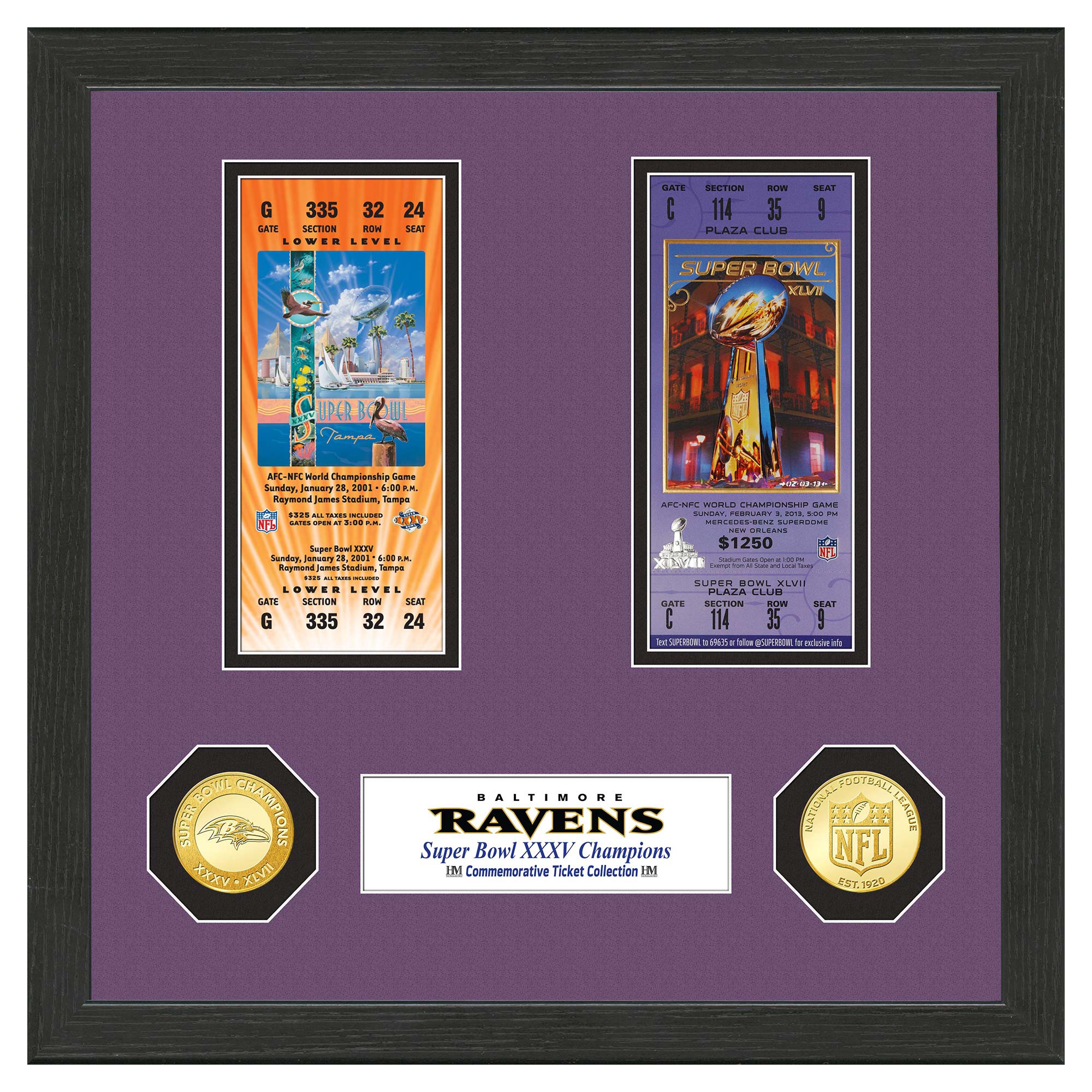 Baltimore Ravens Super Bowl Tickets Bronze Coins Gerahmtes NFL Bild