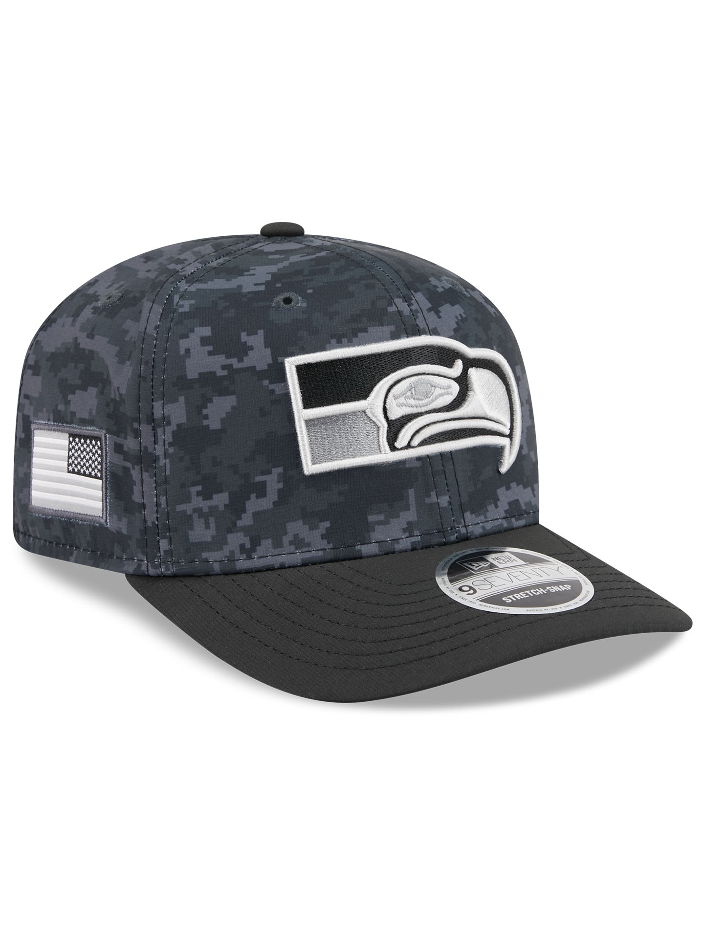 Seattle Seahawks Throwback 2026 NFL Salute to Service 9SEVENTY Stretch-Snap Cap Schwarz